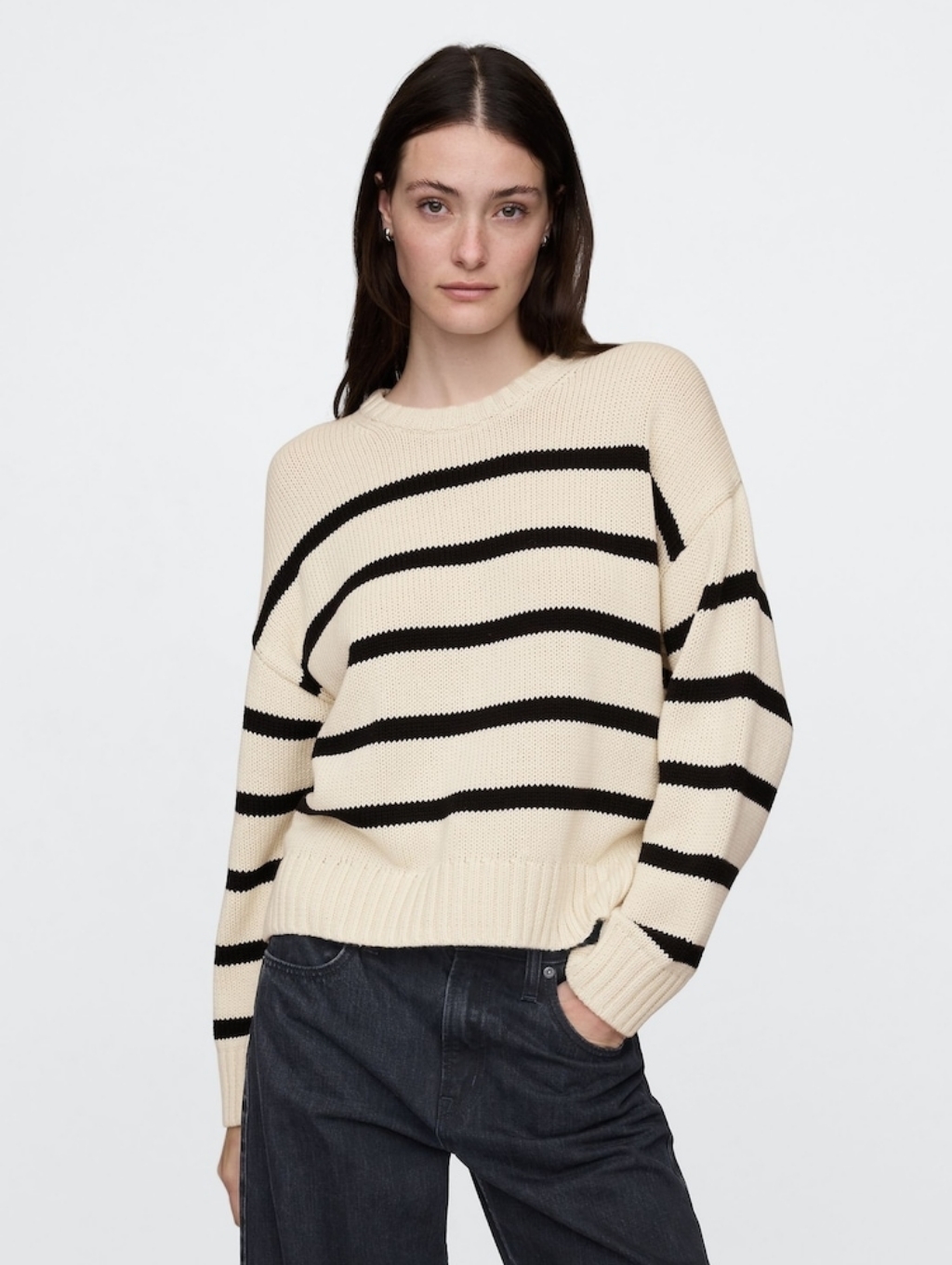 Gap Sweater 100% Cotton Crew Neck Black White Cream Striped Stripe Size Small